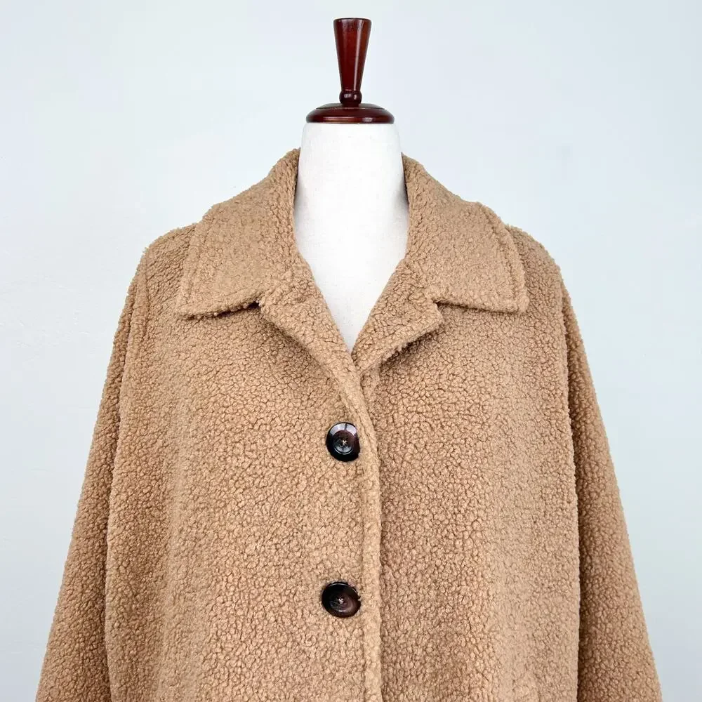 Draper's & Damon's 2X Tan Brown Soft Teddy Sherpa Button-Up Long Coat NWT